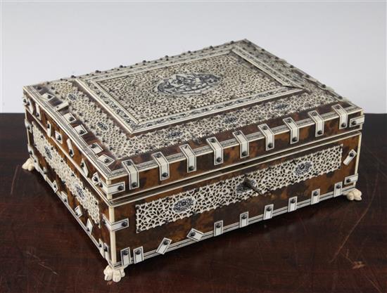 An early 20th century Indian ivory mounted tortoiseshell jewellery casket, 10.5in.